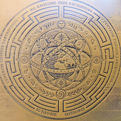 Close-up of the hand-tooled armillary sphere and Cretan labyrinth on a mustard yellow leather crossbody bag - AG Design, Arad, Romania