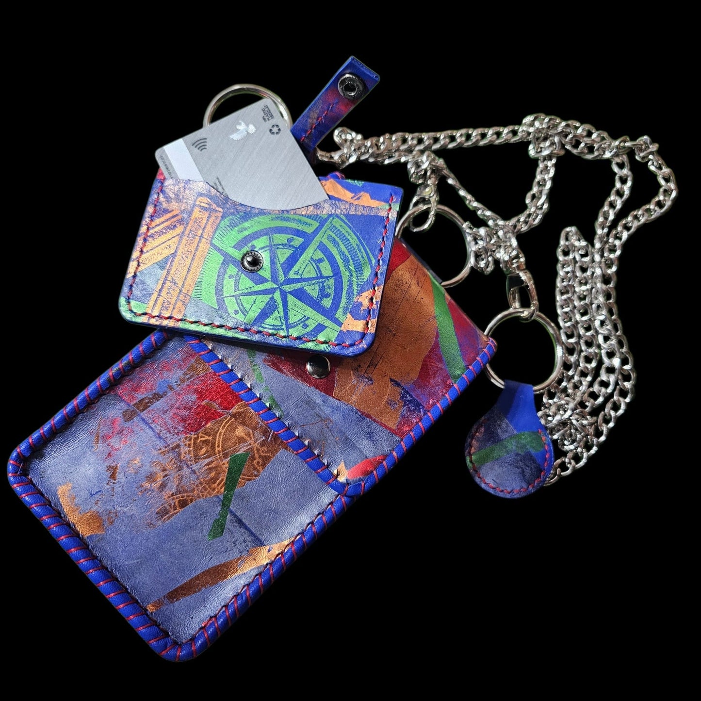 Handmade leather phone bag with its card holder and key tag on a silver chain - AG Design, Arad, Romania