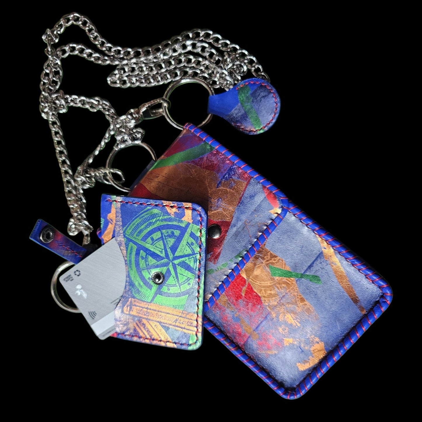 Handmade leather phone bag with card holder, key tag and chain, seen from above - AG Design, Arad, Romania