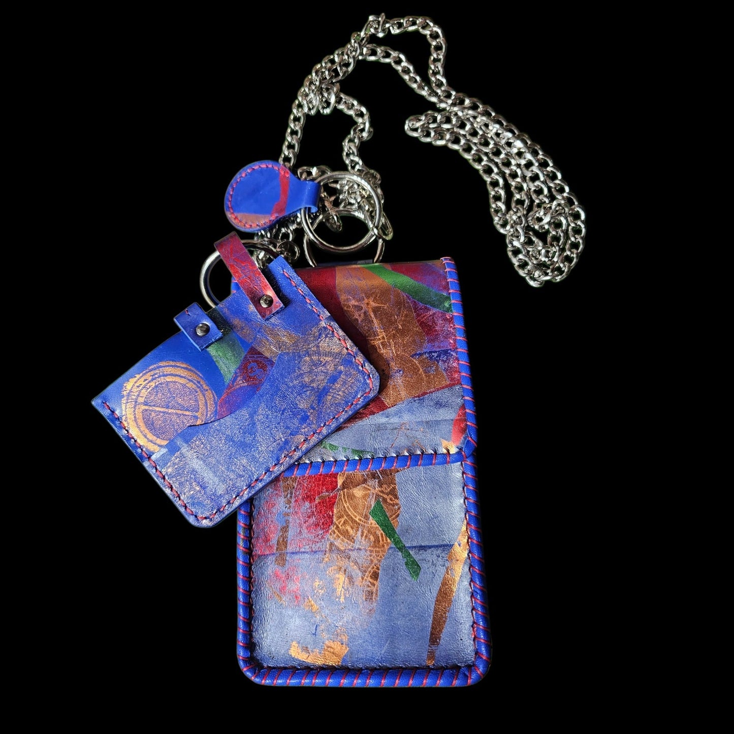 Handmade leather phone bag and card holder on a silver chain, laid flat - AG Design, Arad, Romania