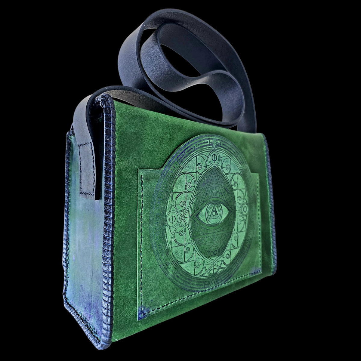 Back of a handmade green leather crossbody bag with an outer pocket embossed in the same blue labyrinth design - AG Design, Arad, Romania