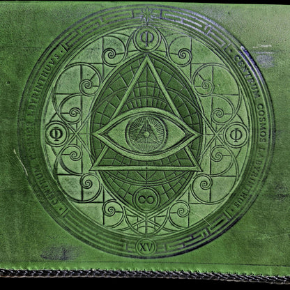 Close-up of the blue-embossed eye, triangle and labyrinth on the flap of a handmade green leather crossbody bag - AG Design, Arad, Romania