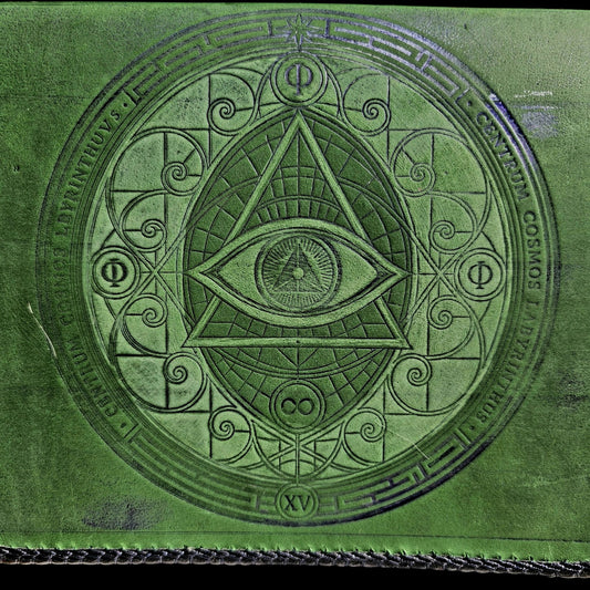 Close-up of the blue-embossed eye, triangle and labyrinth on the flap of a handmade green leather crossbody bag - AG Design, Arad, Romania